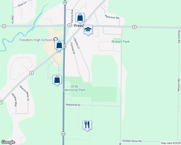 map of restaurants, bars, coffee shops, grocery stores, and more near N3930 Liberty Lane in Freedom