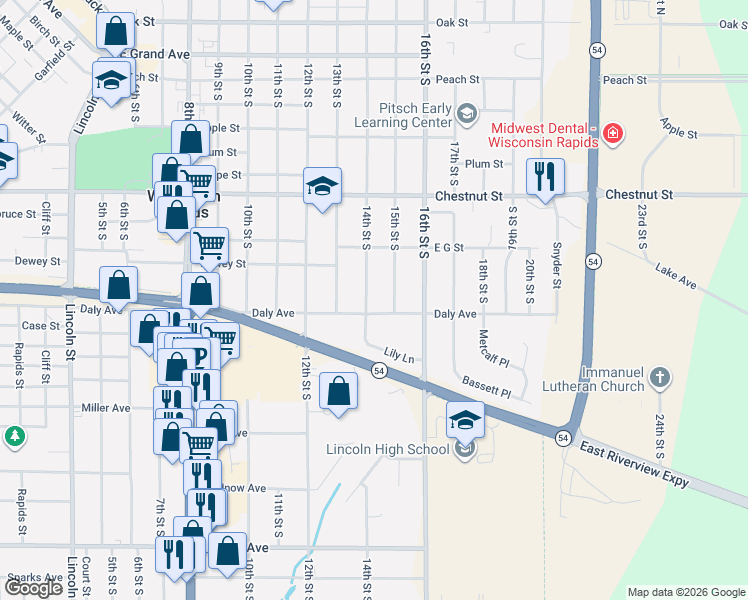 map of restaurants, bars, coffee shops, grocery stores, and more near 1241 14th Street South in Wisconsin Rapids