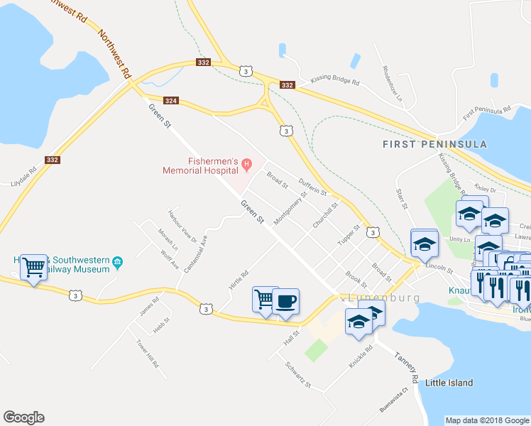 map of restaurants, bars, coffee shops, grocery stores, and more near 184 Green Street in Lunenburg