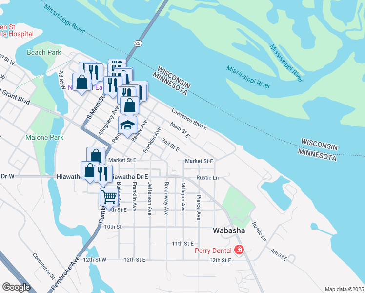 map of restaurants, bars, coffee shops, grocery stores, and more near 427 2nd St E in Wabasha