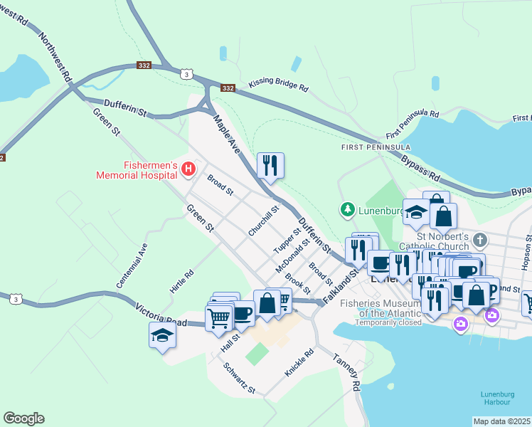 map of restaurants, bars, coffee shops, grocery stores, and more near 110 Broad Street in Lunenburg