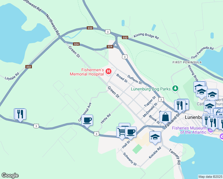 map of restaurants, bars, coffee shops, grocery stores, and more near Green Street in Lunenburg