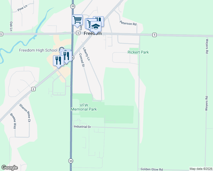 map of restaurants, bars, coffee shops, grocery stores, and more near N3930 Liberty Lane in Freedom