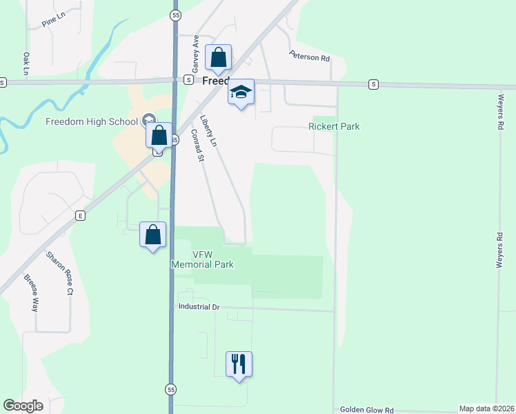map of restaurants, bars, coffee shops, grocery stores, and more near N3930 Liberty Lane in Freedom