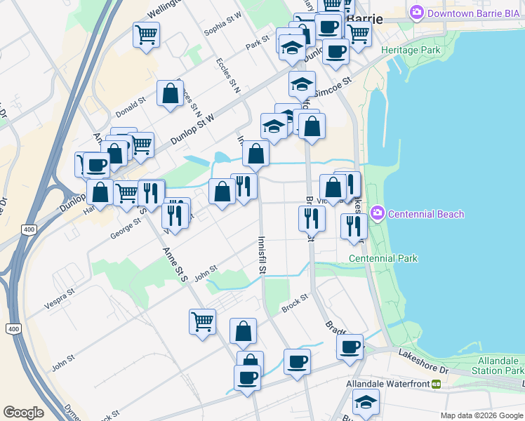 map of restaurants, bars, coffee shops, grocery stores, and more near in Barrie