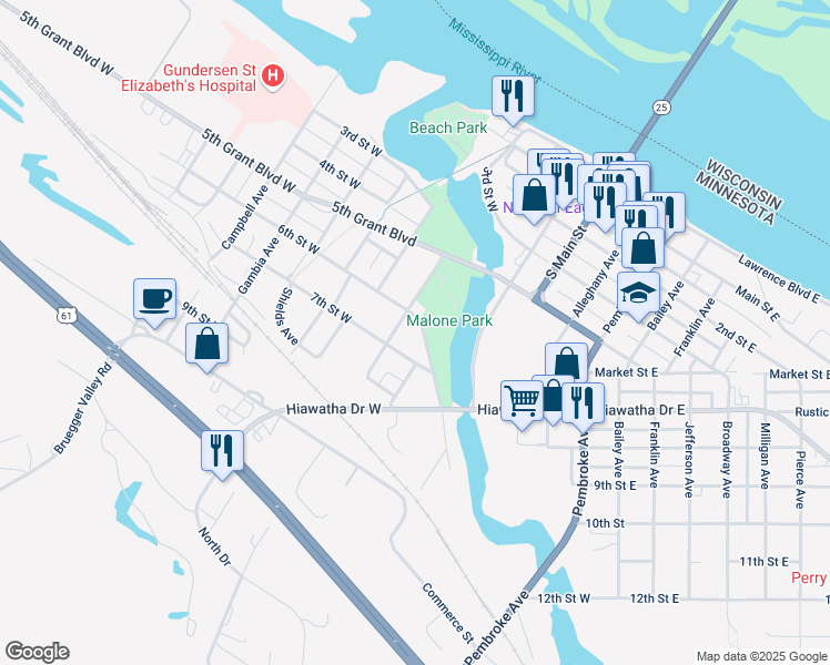 map of restaurants, bars, coffee shops, grocery stores, and more near 524 7th Street West in Wabasha