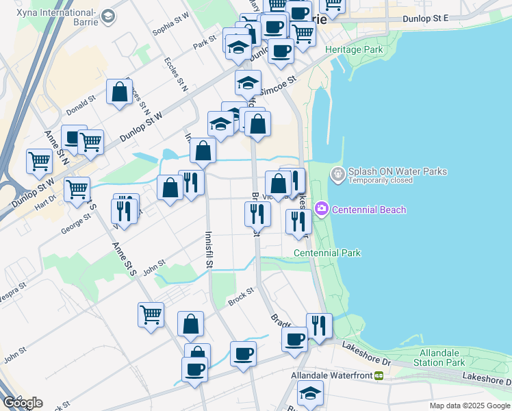 map of restaurants, bars, coffee shops, grocery stores, and more near Bradford Street in Barrie