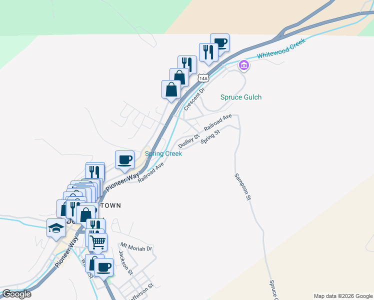 map of restaurants, bars, coffee shops, grocery stores, and more near 2-98 Dudley Street in Deadwood