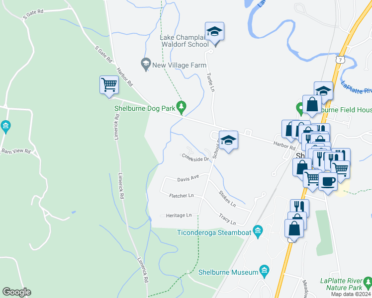 map of restaurants, bars, coffee shops, grocery stores, and more near 175 Creekside Drive in Shelburne