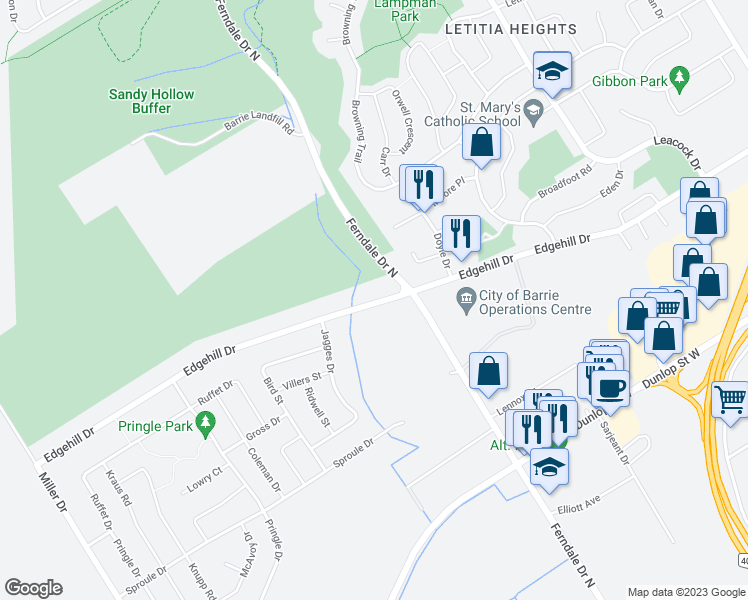 map of restaurants, bars, coffee shops, grocery stores, and more near 296 Edgehill Drive in Barrie