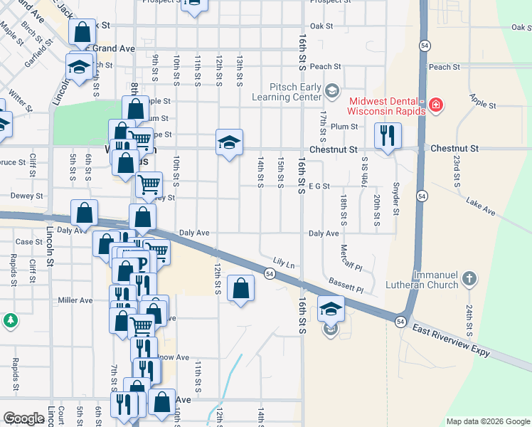 map of restaurants, bars, coffee shops, grocery stores, and more near 1241 14th Street South in Wisconsin Rapids