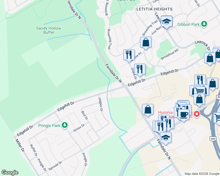 map of restaurants, bars, coffee shops, grocery stores, and more near 304 Edgehill Drive in Barrie