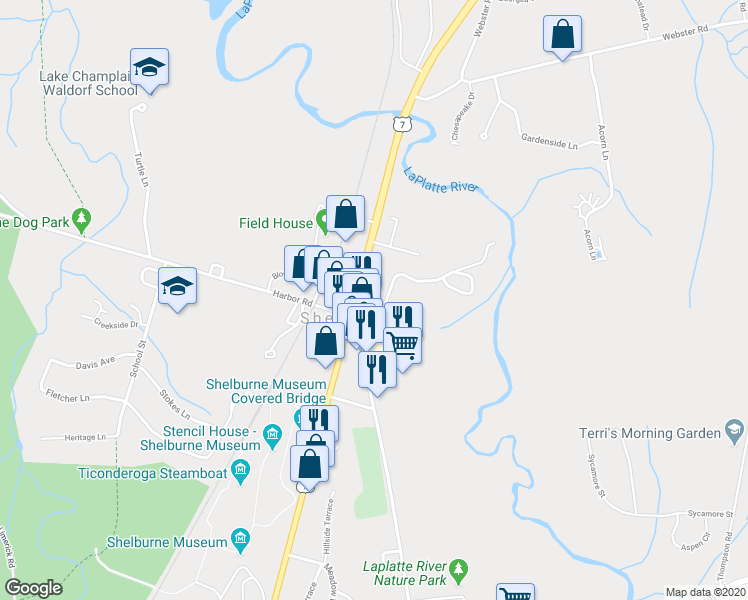 map of restaurants, bars, coffee shops, grocery stores, and more near 5237 Shelburne Road in Shelburne