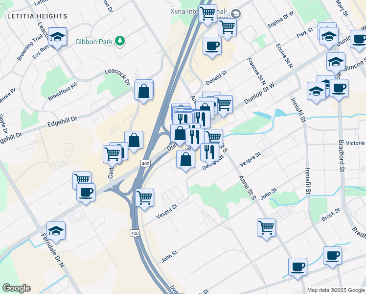 map of restaurants, bars, coffee shops, grocery stores, and more near 25 Hart Drive in Barrie