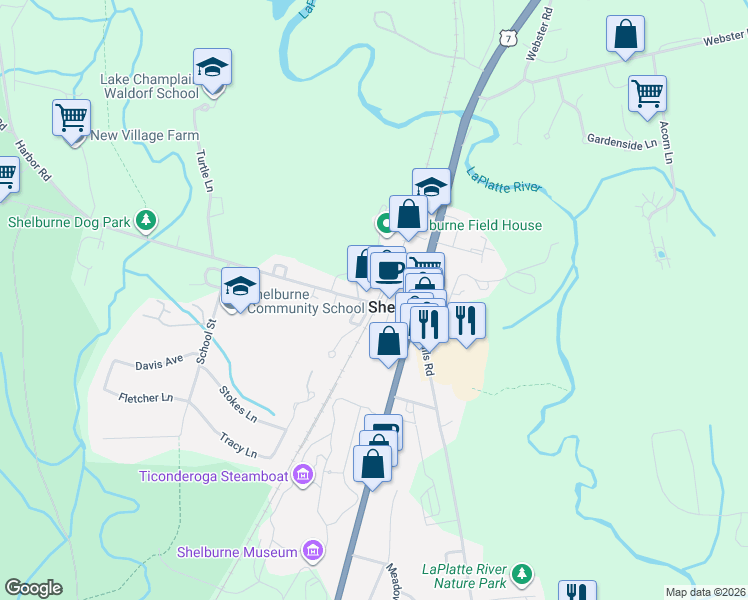 map of restaurants, bars, coffee shops, grocery stores, and more near 9 Railroad Lane in Shelburne