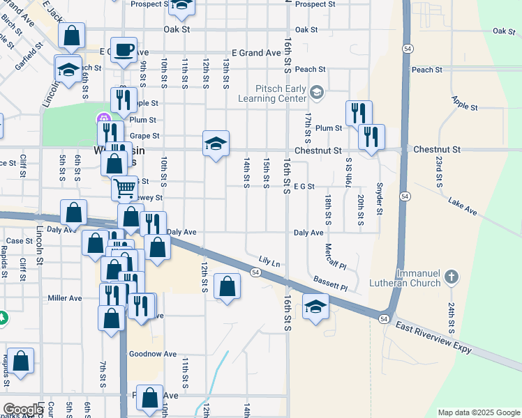 map of restaurants, bars, coffee shops, grocery stores, and more near 1221 15th Street South in Wisconsin Rapids