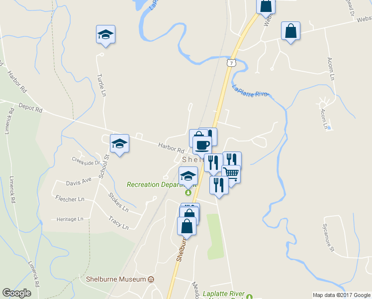 map of restaurants, bars, coffee shops, grocery stores, and more near 9 Railroad Lane in Shelburne