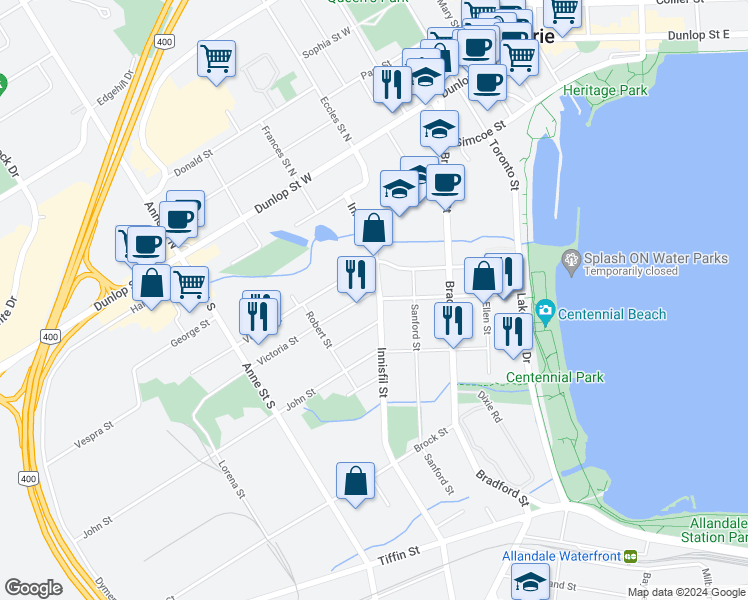 map of restaurants, bars, coffee shops, grocery stores, and more near 72 Innisfil Street in Barrie