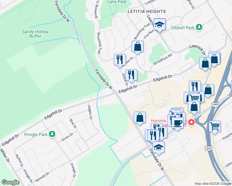 map of restaurants, bars, coffee shops, grocery stores, and more near Ferndale Dr N & Edgehill Dr in Barrie