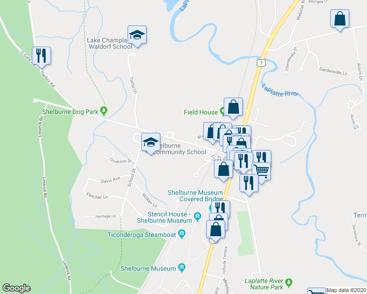 map of restaurants, bars, coffee shops, grocery stores, and more near 168 Harbor Road in Shelburne