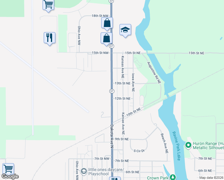 map of restaurants, bars, coffee shops, grocery stores, and more near 1-47 13th Street Northeast in Huron