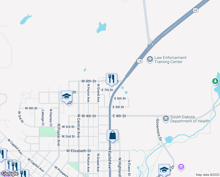 map of restaurants, bars, coffee shops, grocery stores, and more near 208 East 7th Street in Pierre