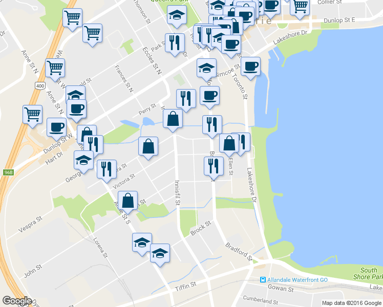 map of restaurants, bars, coffee shops, grocery stores, and more near in Barrie