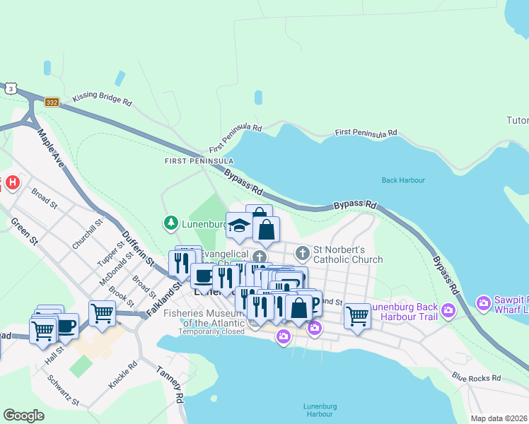 map of restaurants, bars, coffee shops, grocery stores, and more near 3 Kinley Drive in Lunenburg