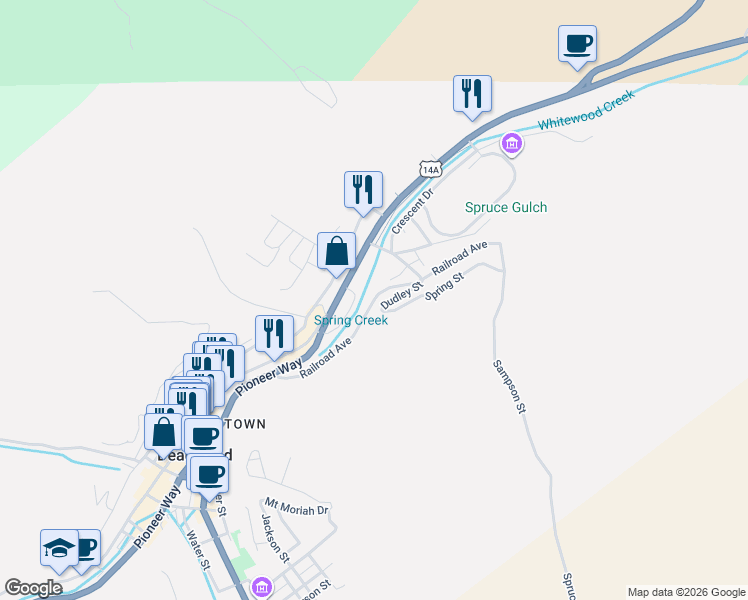 map of restaurants, bars, coffee shops, grocery stores, and more near Railroad Avenue in Deadwood