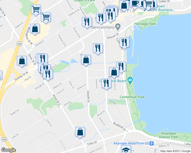 map of restaurants, bars, coffee shops, grocery stores, and more near 36 Sanford Street in Barrie