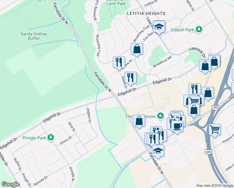 map of restaurants, bars, coffee shops, grocery stores, and more near 16 Macallister Court in Barrie