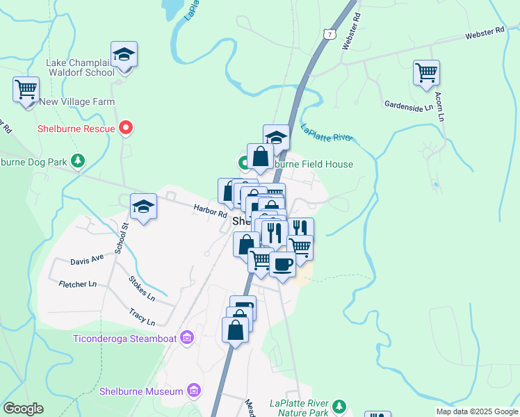 map of restaurants, bars, coffee shops, grocery stores, and more near 53 Railroad Lane in Shelburne