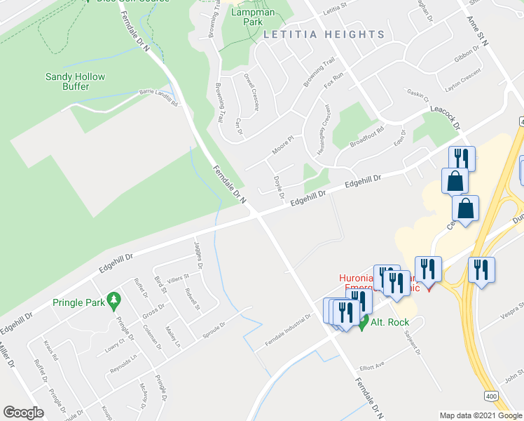 map of restaurants, bars, coffee shops, grocery stores, and more near 274 Edgehill Drive in Barrie