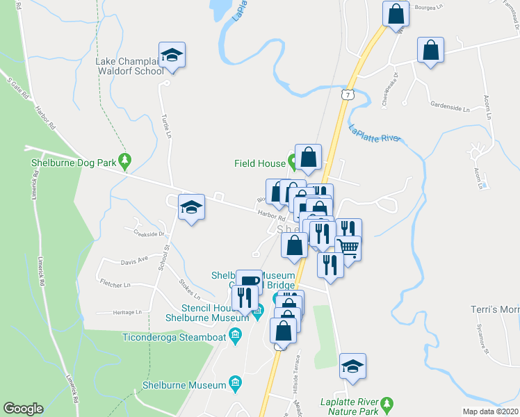 map of restaurants, bars, coffee shops, grocery stores, and more near 168 Harbor Road in Shelburne