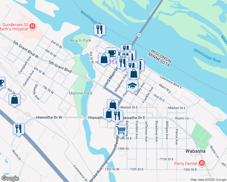 map of restaurants, bars, coffee shops, grocery stores, and more near 224 4th Grant Boulevard East in Wabasha