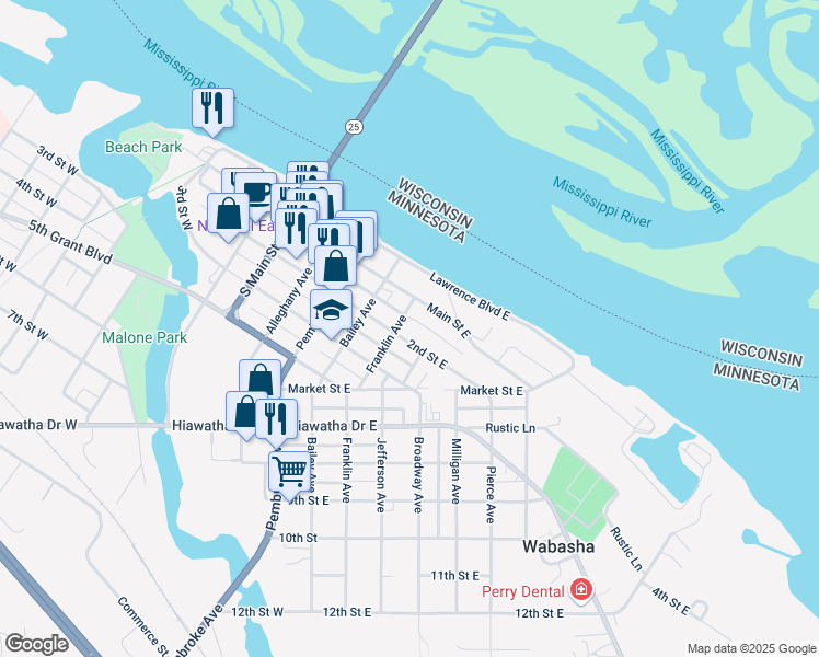 map of restaurants, bars, coffee shops, grocery stores, and more near 306 Main Street West in Wabasha