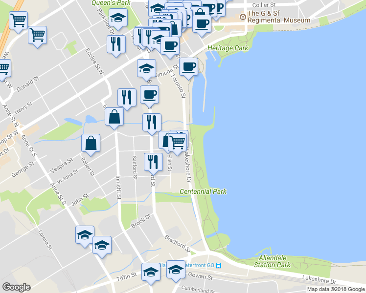 map of restaurants, bars, coffee shops, grocery stores, and more near 2 Victoria Street in Barrie