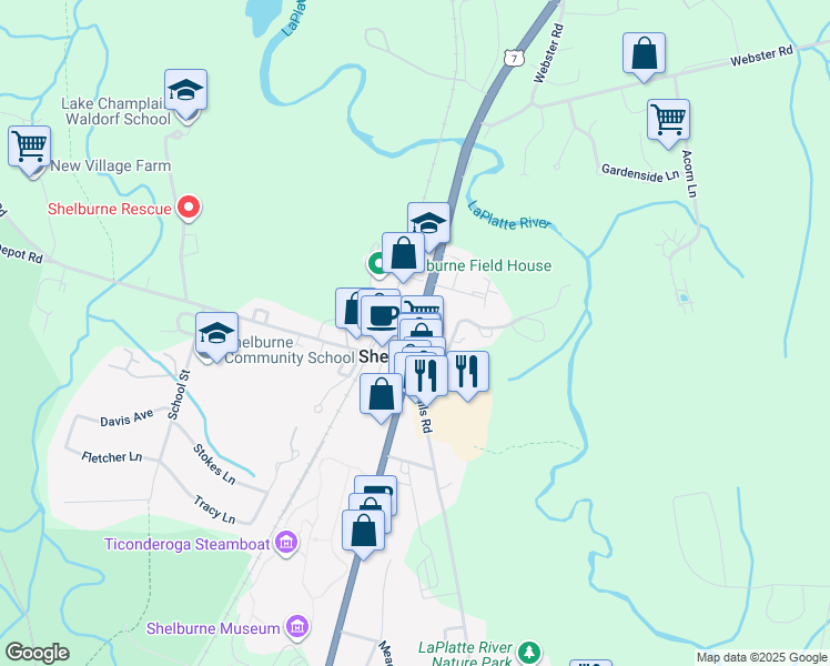 map of restaurants, bars, coffee shops, grocery stores, and more near 5172 U.S. 7 in Shelburne