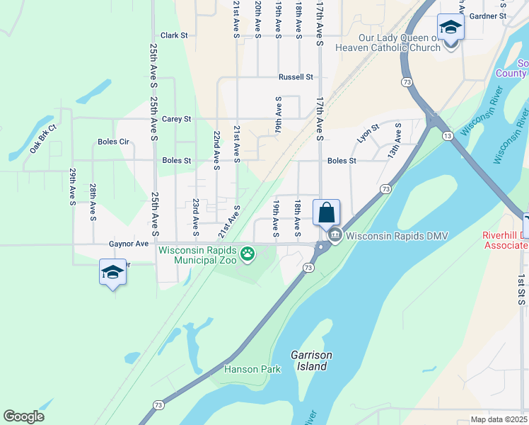 map of restaurants, bars, coffee shops, grocery stores, and more near 1930 Wickham Avenue in Wisconsin Rapids