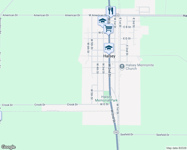map of restaurants, bars, coffee shops, grocery stores, and more near 480 West J Street in Halsey