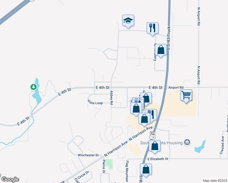 map of restaurants, bars, coffee shops, grocery stores, and more near 1714 Abbey Road in Pierre