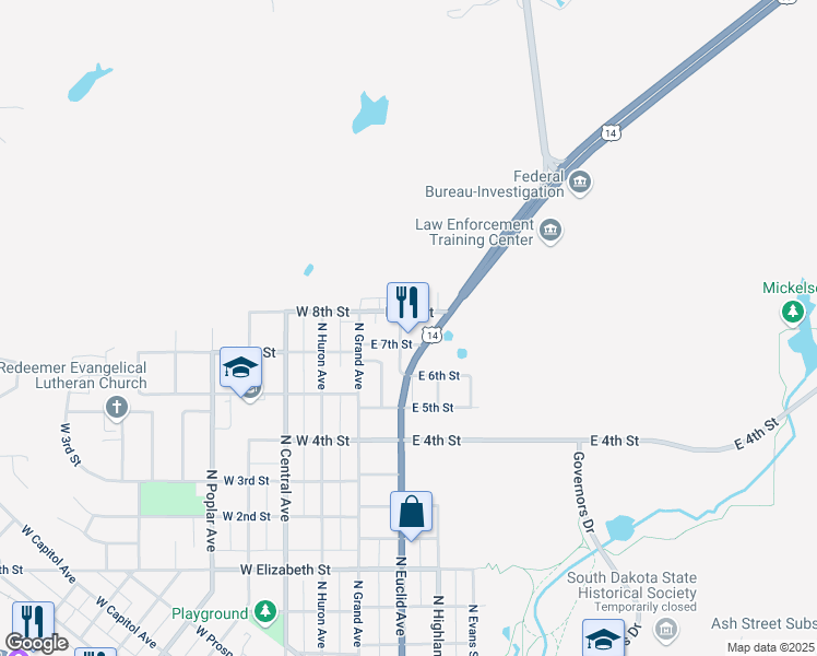 map of restaurants, bars, coffee shops, grocery stores, and more near 203 East 8th Street in Pierre