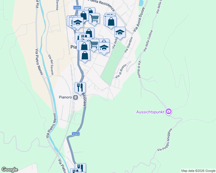 map of restaurants, bars, coffee shops, grocery stores, and more near 21 Via Giacomo Leopardi in Pianoro
