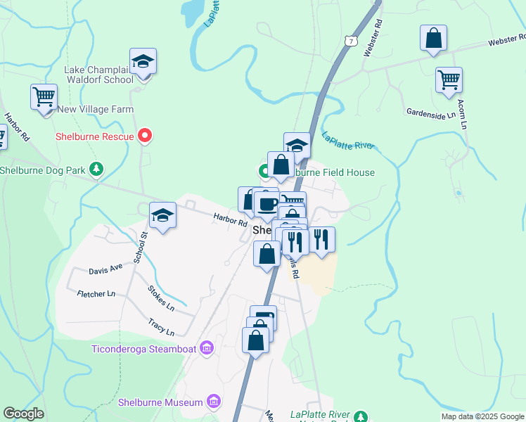 map of restaurants, bars, coffee shops, grocery stores, and more near 53 Railroad Ln in Shelburne