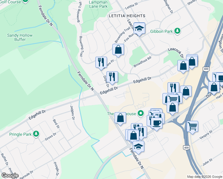 map of restaurants, bars, coffee shops, grocery stores, and more near 257 Edgehill Drive in Barrie