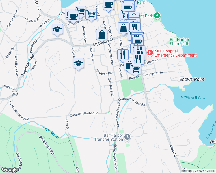 map of restaurants, bars, coffee shops, grocery stores, and more near 12 Norris Avenue in Bar Harbor