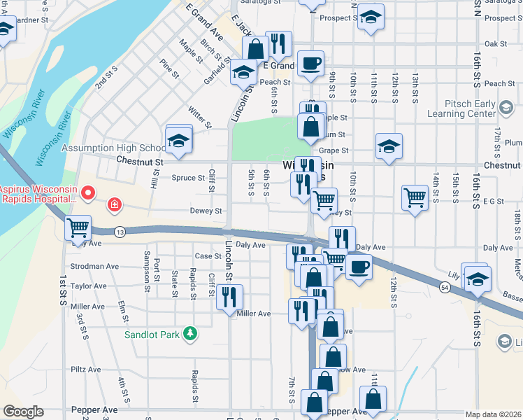 map of restaurants, bars, coffee shops, grocery stores, and more near 550 Dewey Street in Wisconsin Rapids