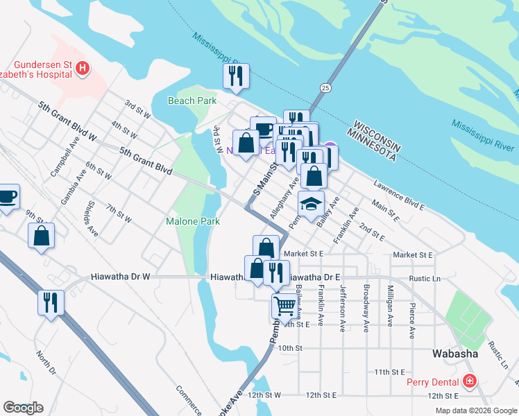map of restaurants, bars, coffee shops, grocery stores, and more near 224 4th Grant Boulevard East in Wabasha