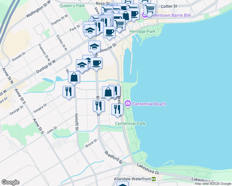 map of restaurants, bars, coffee shops, grocery stores, and more near 37 Ellen Street in Barrie