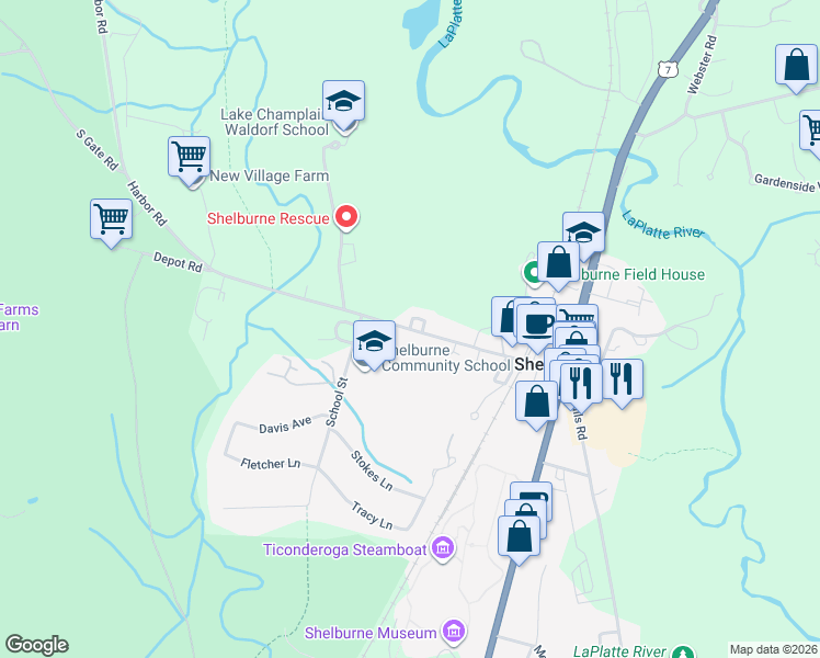 map of restaurants, bars, coffee shops, grocery stores, and more near 14 McCabe Circle in Shelburne